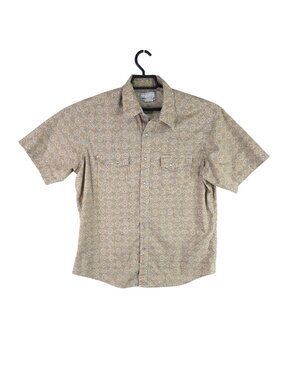 Mens Wrangler Beige & Gray Wrancher Western Shirt Short Sleeve Pearl Snap Size M